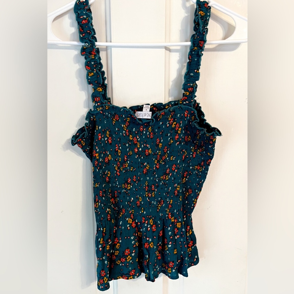 Green floral smocked cami top